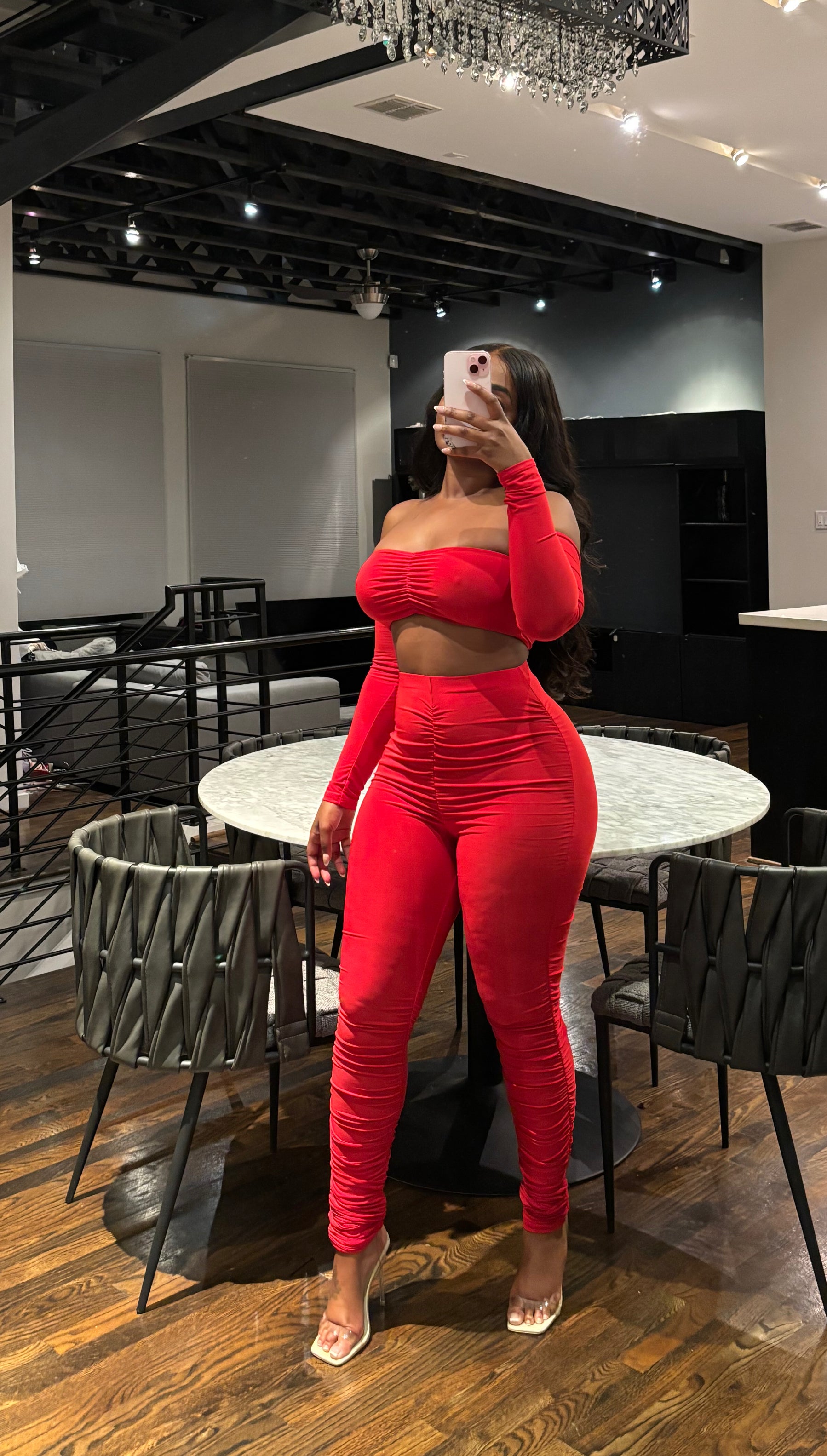 Red ruched pant set