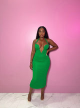 Green V Cut Midi Dress