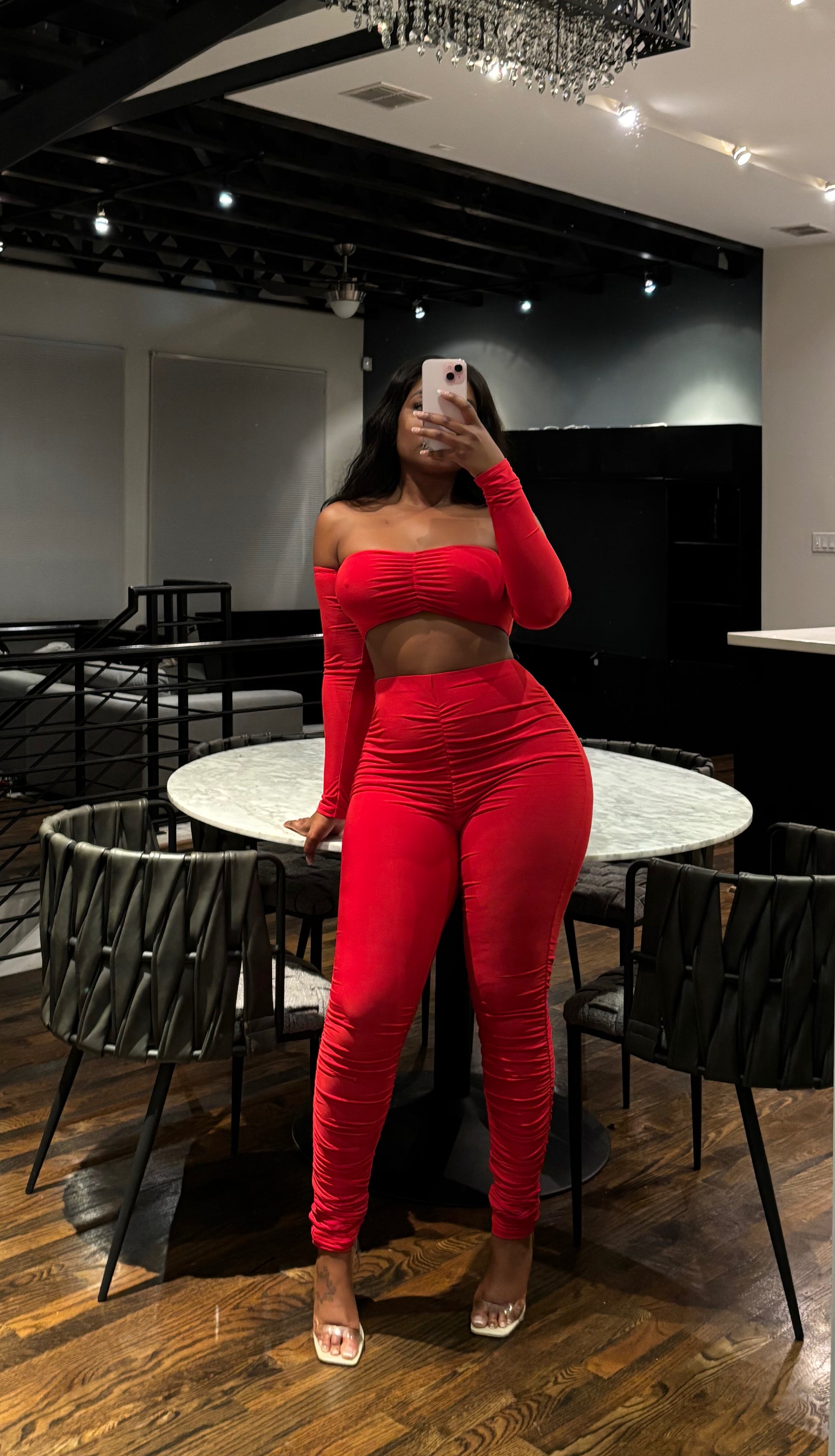 Red ruched pant set