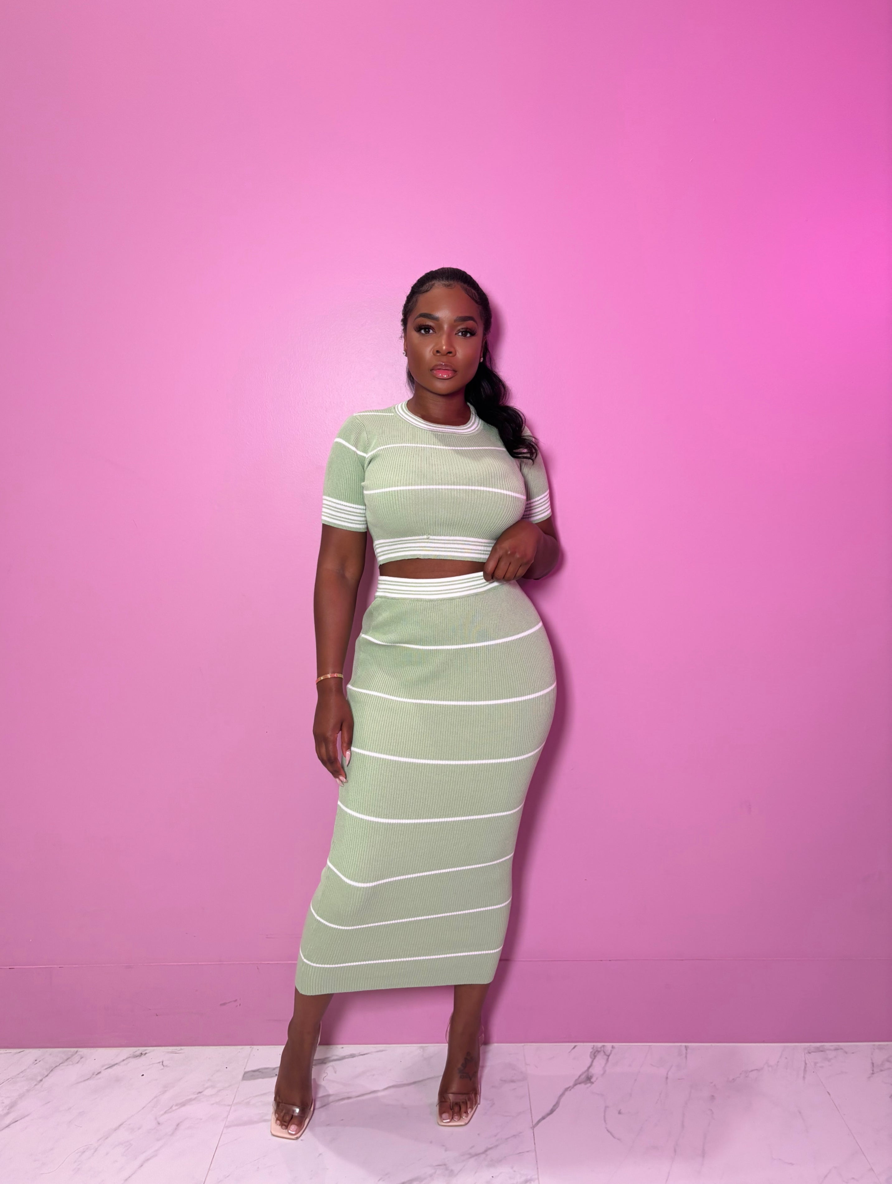 Sage Stripe Midi Skirt Set